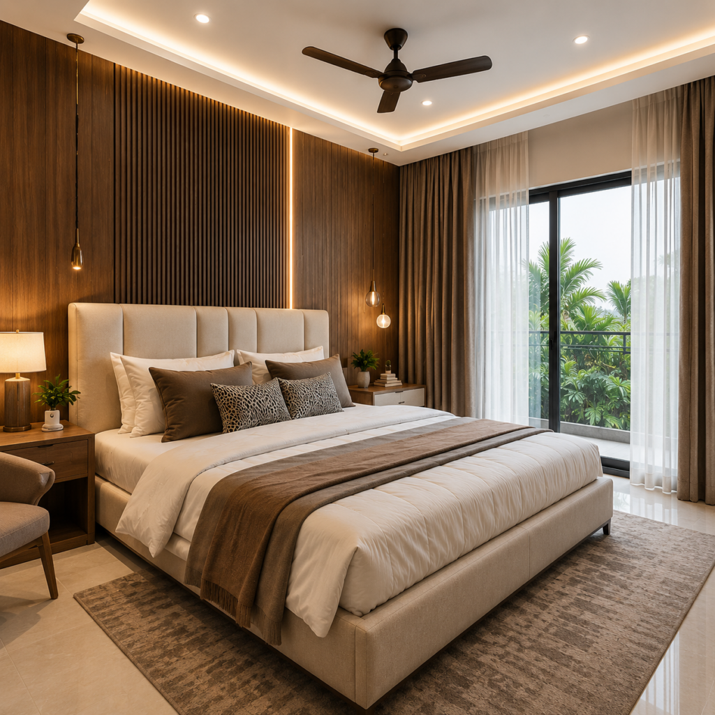 Modern luxury bedroom featuring a curved wooden false ceiling, designer wall panels, premium furniture, and warm ambient lighting.