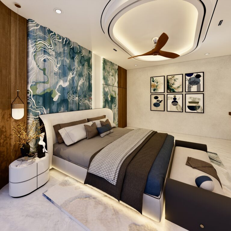 Luxury master bedroom interior design featuring designer wallpaper, upholstered bed, wooden wall panels, false ceiling, and ambient lighting in Ranchi.