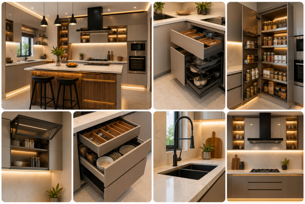Modern modular kitchen interior design with smart storage solutions, premium cabinets, pull-out drawers, pantry units, island counter, and luxury finishes for contemporary homes.